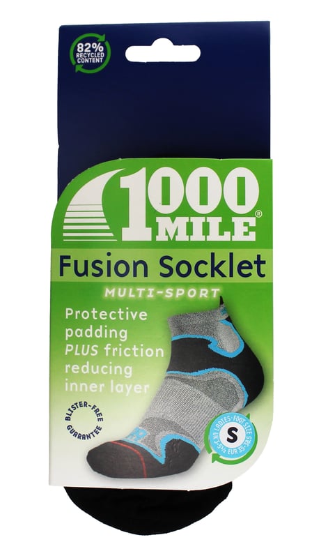 1000 Mile Women's Fusion Socklet RepreveIntroducing the revolutionary 1000 Mile Fusion Socklet, defying conventional sock wisdom. Experience the best of both worlds with this innovative design and advanced material technology. Say goodbye to the dilemma of choosing between padding and reduced friction. Our Fusion Socklet combines the blister-free guarantee of the 1000 Mile double layer sock with unparalleled comfort and protection, including achilles tendon padding.Crafted using cutting-edge REPREVE® recycled yarns, it not only offers exceptional performance but also contributes to a sustainable future. With its trainer liner length profile, this sock provides a sleek 'no sock' appearance for those seeking a stylish yet functional solution. Say hello to a new era of socks.Extra Product DetailsRevolutionary design defies conventional sock wisdomBest of both worlds: padding and reduced frictionBlister-free guarantee with Achilles tendon paddingMade with advanced REPREVE® recycled yarnsExceptional performance and sustainability combinedSleek trainer liner length for a stylish lookEmbrace a new era of functional and fashionable socks.