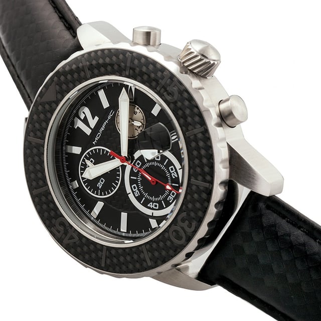 316L Surgical-Quality Stainless Steel Case; Accurate Japanese Quartz Movement; Full-Function Chronograph; Non-Glare Scratch Resistant Mineral Crystal; Carbon Fiber Pattern Dial; Logo-Engraved Stainless Steel Caseback; Uni-Directional Rotating Carbon Fiber Bezel; Genuine Leather Carbon Fiber Pattern Strap; Logo-Engraved Stainless Steel Clasp; Luminous Hands; Magnified Date Display; 24-Hour Sub-Dial; 45mm Diameter; 10 ATM Water Resistance;