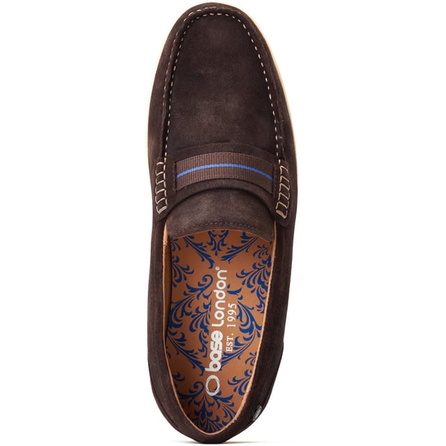 Base London Drum Leather Men's Burnt Brown Loafers The Drum loafer from Base London is your casual summer staple. The soft suede uppers and Ortholite insole provide a comfy ride while the detailing on the nylon strap across the vamp elevates this style and gives it character.