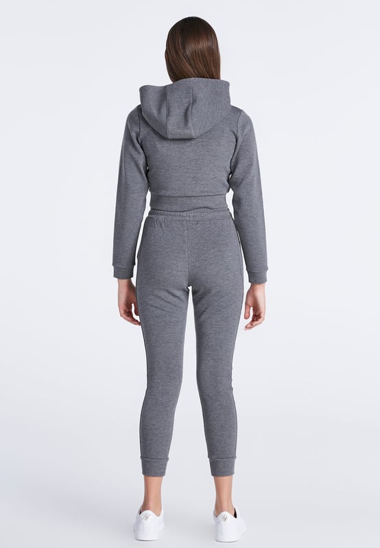 Girls Grey Marl Signature Track Top. White Printed Logo with Gold Embroidered Logo Overlay. 3 Piece Hood. Self Fabric Cuffs and Waistband. Machine Wash. 80% Polyester 15% Rayon 5% Elastane