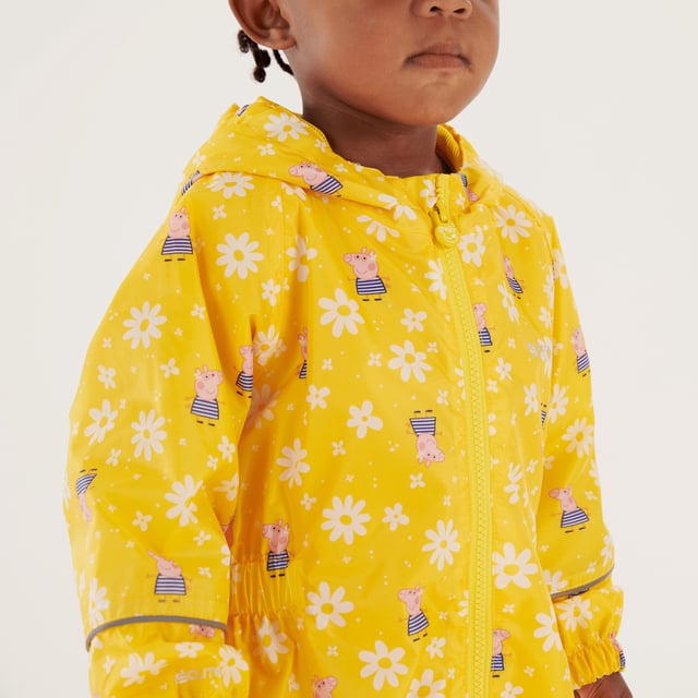 Regatta Childrens/Kids Pobble Peppa Pig Floral Waterproof Puddle Suit (Maize Yellow) Material: 100% Polyester. Fabric: Isolite. Lining: Mesh, Taffeta. Design: Floral. All-Over Print, Reflective Trim, Taped Seams. Fabric Technology: Breathable, DWR Finish, Lightweight, Waterproof. Cuff: Elasticated. Neckline: Hooded. Sleeve-Type: Long-Sleeved. Hood Features: Elasticated, Grown On Hood. Fastening: Full Zip. 5000g/m²/24hrs. Waistline: Elasticated. Characters: Peppa Pig.