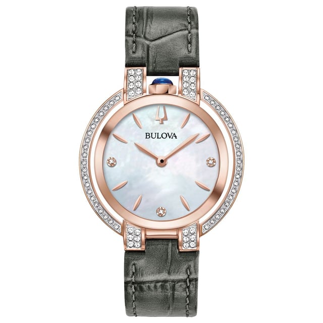 This Bulova Rubaiyat Analogue Watch for Women is the perfect timepiece to wear or to gift. It's Rose Gold 35 mm Round case combined with the comfortable Grey Leather watch band will ensure you enjoy this stunning timepiece without any compromise. Operated by a high quality Quartz movement and water resistant to 3 bars, your watch will keep ticking. This elegant, fashionable watch setted with beautiful diamonds is a perfect gift for New Year, birthday,valentine's day and so on High quality 19 cm length, 16 mm wide Grey Leather strap with a Buckle Case diameter: 35 mm, Case height: 8 mm and Case color: Rose Gold/Dial color: Mother of pearl