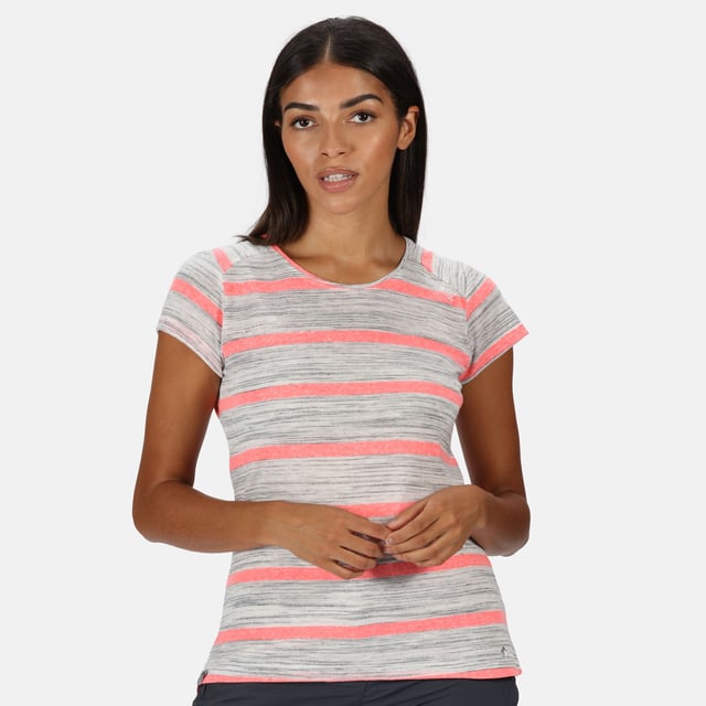 Material: 90% polyester, 7% cotton, 3% viscose/rayon. Good wicking performance. Semi-sheer stripes. Cap sleeves.