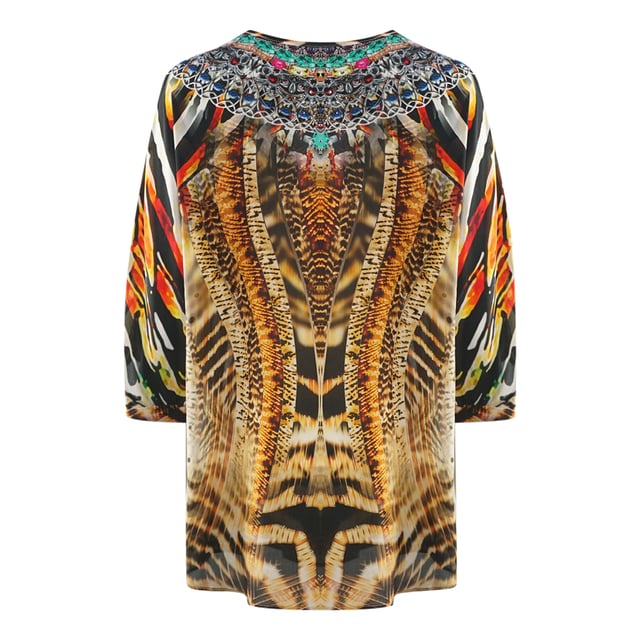 Inoa Golden Eagle 120214 Multicoloured Silk Fish Top. Show off your style wearing the Multicoloured Shirt. Its flattering Print make it a timeless piece for your wardrobe. Crafted from luxurious fabric, you'll make a statement with every wear. Make a statement in style!. 100% Silk, Multicoloured Design. 3/4 Length Sleeve, V-Neck. This Item is suitable for sizes UK 8 - UK 14. Product Style: Golden Eagle 120214