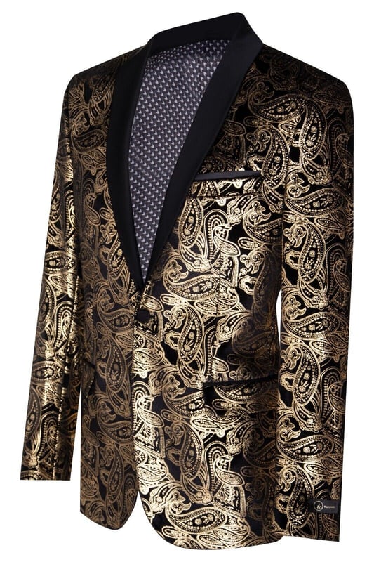 Mens Classic Gold Paisley Black Velvet Tuxedo Dinner Jacket