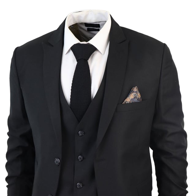 Indulge in Classic and Elegant Design with this men's 3-piece suit, featuring a timeless black color ideal for formal occasions. Product Design Bullet Points:  
Versatile Formal Attire: Suitable for weddings, business events, or special occasions, ensuring a sharp and well-dressed look.
 
Complete 3-Piece Set: Includes a jacket, vest, and trousers for a polished and coordinated outfit.
 
Premium Material: Crafted from high-quality materials for comfort and durability.
 
Tailored Fit: Offers a tailored fit that complements your body shape, enhancing your appearance and confidence.
 
Timeless Black Color: Perfect for a classic and sophisticated look, suitable for various formal settings.  Â Made from a blend of 65% Polyester and 35% Viscose for a comfortable and stylish finishSizes	Jacket & Trouser Size
36R :	36" (Chest) 30" (Waist)
38R :	38" (Chest) 32" (Waist)
40R :	40" (Chest) 34" (Waist)
42R : 	42" (Chest) 36" (Waist)
44R :	44" (Chest) 38" (Waist)
46R : 	46" (Chest) 40" (Waist)
48R :	48" (Chest) 42" (Waist)
50R :	50" (Chest) 44" (Waist)
52R :	52" (Chest) 46" (Waist)
54R :	54" (Chest) 48" (Waist)