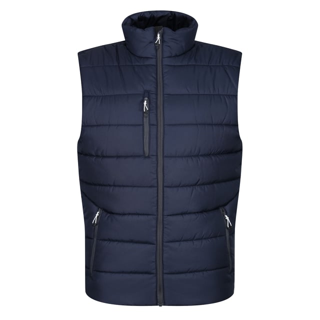 Material: 100% Polyester. Fabric: Ripstop. Design: Quilted. Fabric Technology: Thermal, Warmloft, WR Cire Finish. Neckline: High-Neck. Sleeve-Type: Sleeveless. Pockets: 1 Chest Pocket, 2 Side Pockets, Zip. Fastening: Full Zip. Made from Recycled Materials.