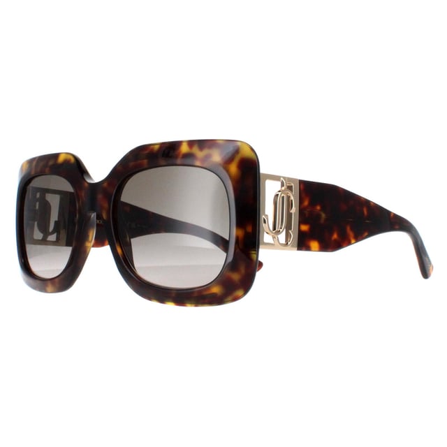 Jimmy Choo Square Womens Havana and Gold Brown Gradient GAYA/S  Sunglasses boast a chic square frame design accentuated by large metal branding on the hinges. Combining classic elegance with modern flair, these sunglasses effortlessly elevate any look. Perfect for various occasions, they add a touch of sophistication while making a bold fashion statement.