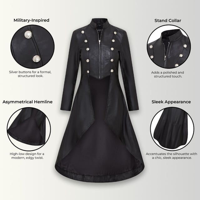 Entra en el mundo de la elegancia gótica con nuestro abrigo de cuero gótico para mujer, una cautivadora mezcla de estilos eduardianos y victorianos con elementos punk góticos. Este abrigo presenta un diseño de gabardina a medida con un dobladillo de frac dramático que ofrece una silueta llamativa. Elaborado con cuero 100 % de primera calidad, promete durabilidad y una sensación de lujo. Los elementos de diseño audaces lo hacen perfecto para quienes buscan hacer una declaración de estilo, fusionando a la perfección la elegancia histórica con un toque contemporáneo. Diseño de gabardina a medida con estilo gótico, construcción 100 % de cuero de primera calidad, dobladillo de frac dramático para una silueta única, elegante mezcla de estilos eduardianos y victorianos, perfecto para una declaración audaz y vanguardista.