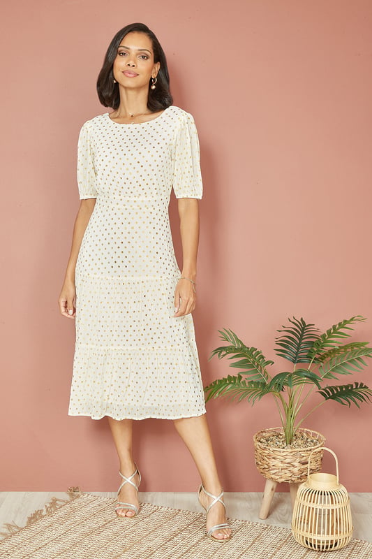 Ivory Gold Foil Spot Midi Dress With Scoop Back