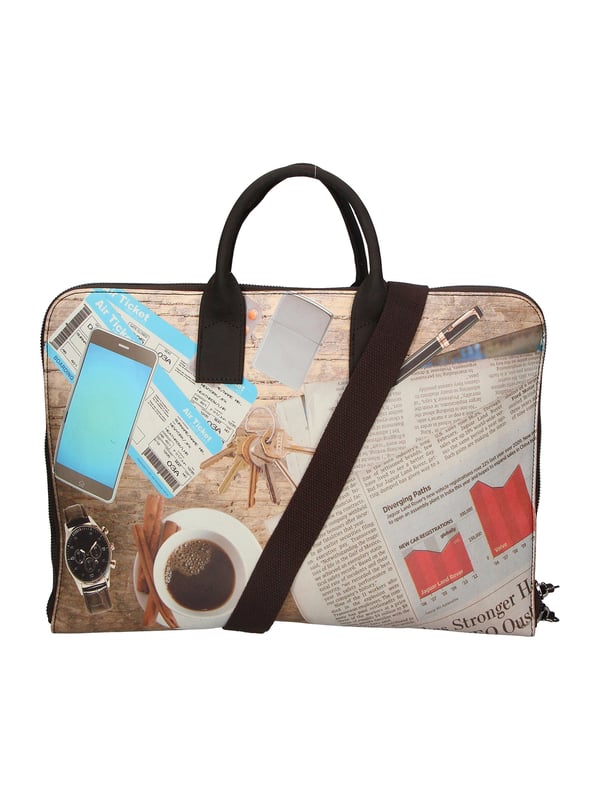 Bolso de mano unisex de doble compartimento con bandolera regulable extraíble. Exterior de piel genuina con frontal saffiano estampado, interior de neopreno con varios bolsillos. Producto artesanal