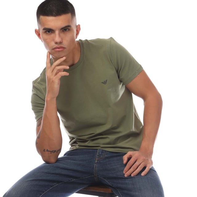 Mens Emporio Armani 2 Pack of Loungewear T-Shirts in navy green.- Crew neckline.- Short sleeves.- Branding on chest.- Straight hem.- 100% Cotton.- Ref: 11126772075836