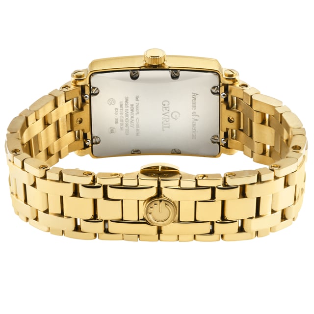 Gevril 7444YLB Avenue of Americas Mini Swiss Quartz Diamond Watch
Gevril Women's Diamond Swiss Quartz Watch from the Avenue of Americas Mini Collection
33x25 Rectangle 316L Stainless Steel IPYG Diamond Case, White MOP Dial
Guilloche dial and a highly stylized Arabic numeral display that is raised off the surface of the dial
Push/Pull Crown, Date at 6:00
Limited Edition
IP Yellow Gold Bracelet With Deployment Buckle
Anti-reflective Sapphire Crystal
Water Resistant to 50 Meters/5ATM
Swiss Quartz Movement Ronda 784