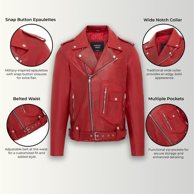 This iconic Brando-style leather jacket combines timeless design with modern functionality. Crafted from premium cowhide, it features an asymmetric YKK zip front and wide studded lapels for a classic biker look. Designed for both style and comfort, the jacket offers multiple adjustable features and practical storage options, making it a versatile addition to any wardrobe.

Premium cowhide leather in a classic Brando design
Asymmetric YKK zip closure for a stylish edge
Adjustable waist belt for a tailored fit
Zipped gauntlet cuffs for a customizable feel
Wide notch lapels with stud detailing
Multiple exterior zip and stud-fastened pockets
Integrated lining pockets for added convenience
Available in a variety of colors to suit all tastes