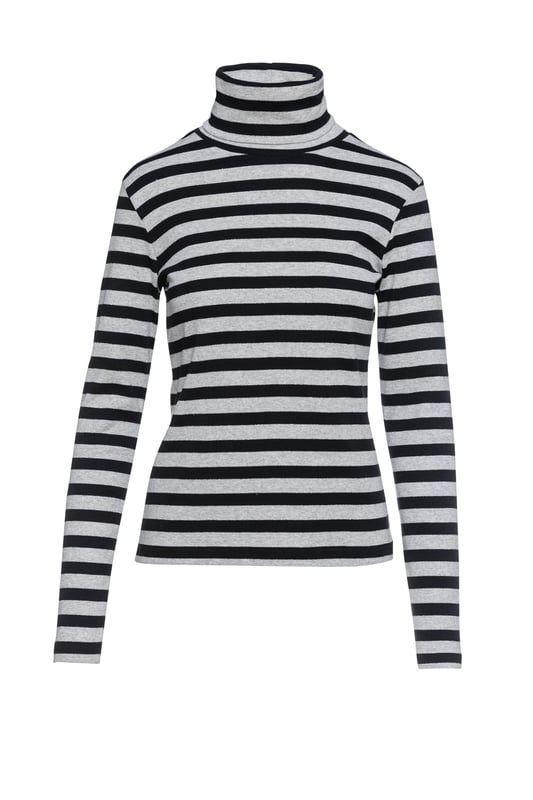 Top de rayas de cuello polo en negro y gris en tejido elástico. Manga larga.  Silueta entallada. Nuestra modelo mide 178 cm y lleva la talla 36. Medidas para la talla 38 (en cm):Busto-37; Largo del cuerpo-57; Cintura-36; Ancho de los hombros-34; Dobladillo-41,mangas-63. La prenda es entallada.