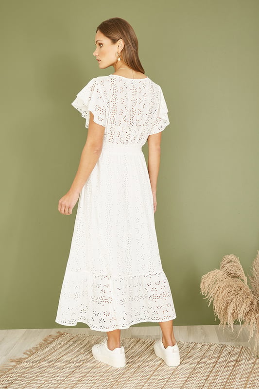 ladies white broderie anglaise dress Broderie Midi Dress Ladies White Broderie Anglaise Dress AX Paris Broderie  Tiered Hem Midi Dress White