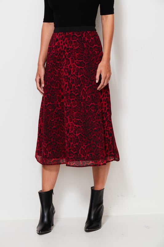 Red Leopard Print Midi Skirt