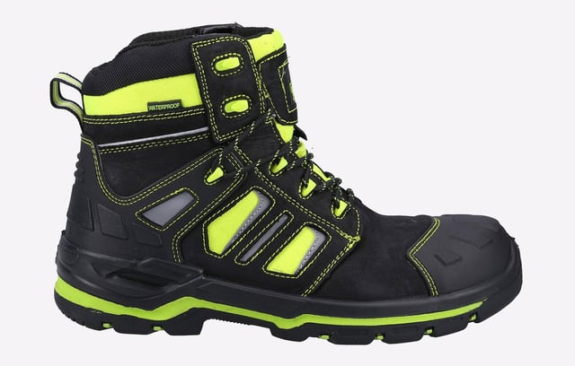 This Metal Free Hi-Vis Safety Boot has been developed to tackle all types of industries in most adverse conditions. A Hi-Vis fluorescent waterproof Cordura ensures maximum visibility at any time of day, with a waterproof membrane, and a rubber outsole.
- Metal Free Boot with Yellow Safety Hi Viz Waterproof CORDURA- Water Resistant Full Grain Nubuck Leather Upper- Internal Waterproof Membrane- Moulded TPU Toe Guard for Extra Durability- Moulded TPU Heel Counter for Enhanced Heel Support and Protection- Reflective Piping and Loop for Maximum Visibilty- Deep Padded Mesh Collar for Extra Comfort- Comfortable, Cushioned and Removable PU Footbed- Injected PU Midsole Enhances Comfort and Shock Absorption- Non-Marking Rubber Outsole
