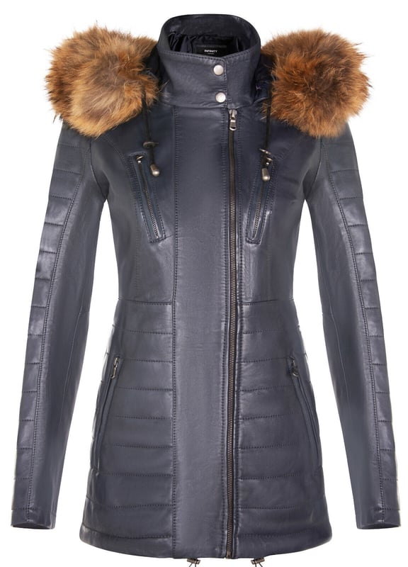 Elevate your winter wardrobe with our slim-fit Women's Leather Parka Jacket, a perfect choice for staying warm and stylish in colder weather. Crafted from 100% premium ultra-soft nappa leather, this jacket offers a luxurious and comfortable feel. Here's what sets it apart:

Detachable Fur-Lined Hood: The jacket features a detachable fur-lined hood, providing both warmth and an exuberant look that adds a touch of sophistication to your winter attire.
Functional Zip Pockets: Four zip pockets on the jacket front, tabbed for easy opening, offer secure and convenient storage for your essentials.
Luxurious Quilted Detailing: Quilted detailing on the sleeves and waist adds a touch of luxury and texture to the jacket's design, enhancing its visual appeal.
High Stand Collar: The high stand collar, fastened with press studs, not only keeps you warm but also adds a chic and elegant element to the overall look.
Zipped Cuffs: Zipped cuffs provide added adjustability and style, allowing you to customize the sleeve length according to your preference.
This Women's Leather Parka Jacket combines fashion, functionality, and premium quality, making it a must-have addition to your winter wardrobe for a chic and cozy look.