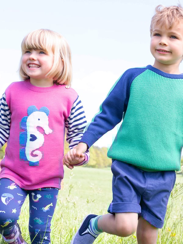 Our seahorse jumper with a gorgeous intarsia design will keep your little one smiling whatever the weather, creating a comfortable knitted layer.