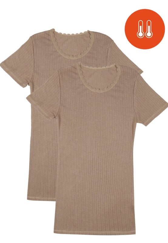 Stay warm with this 2-pack of snug fit thermal tops, featuring a classic crew neck, short sleeves, and a soft ribbed texture with delicate lace trim.
