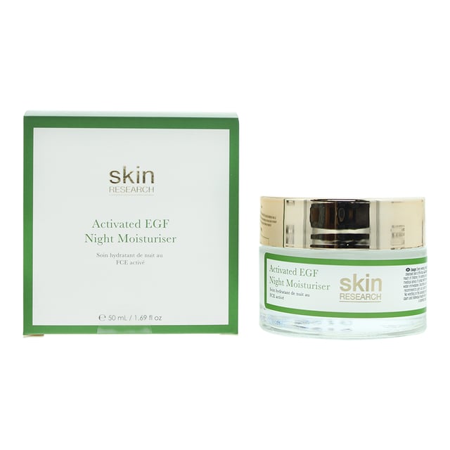 Skin Research Advanced Epidermal Growth Factor Night Moisturiser is a cutting-edge skincare product meticulously formulated to support skin renewal and rejuvenation during the night. Infused with a powerful Epidermal Growth Factor complex, this moisturiser harnesses the skin-renewing benefits of advanced science. EGF is a naturally occurring protein that plays a crucial role in cellular regeneration and tissue repair. When applied topically, it stimulates the production of collagen and elastin, leading to firmer, more youthful-looking skin. This night moisturiser is specially crafted to deliver a concentrated dose of EGF, aiding in the restoration of a smooth, supple complexion. The rich, velvety texture of this moisturiser provides a comforting and indulgent experience. It deeply penetrates to infuse essential nutrients, encouraging the skin's natural regeneration process. Over time, this leads to a smoother, firmer, and more radiant complexion. The Advanced Epidermal Growth Factor Night Moisturiser is also fortified with a blend of natural botanical extracts and skin-loving ingredients, providing additional antioxidant protection and supporting the skin's natural barrier function. It creates a shield against environmental stressors, helping to preserve a youthful, healthy appearance. This moisturiser is suitable for all skin types and is an essential component of any comprehensive skincare regimen.