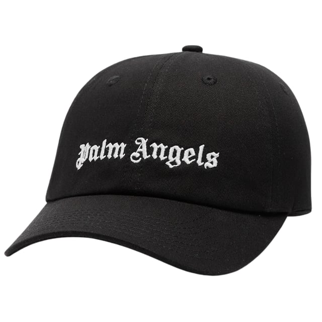 Palm Angels Logo Black Cap. Palm Angels Logo Black Hat. Signature Gothic Branding. Embroidered Logo. Adjustable Buckle On Back. PMLB003C99FAB0011001