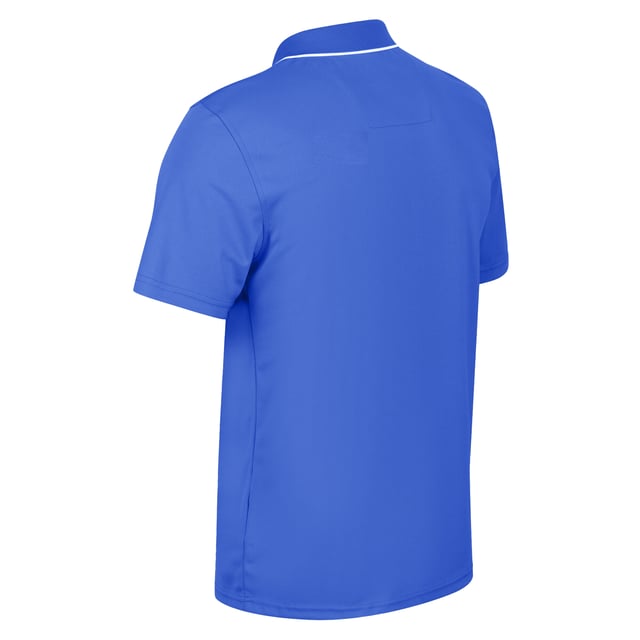 Material: 100% quick dry polyester pique fabric. Ribbed collar. Good wicking performance. 3 button placket. Short sleeves.