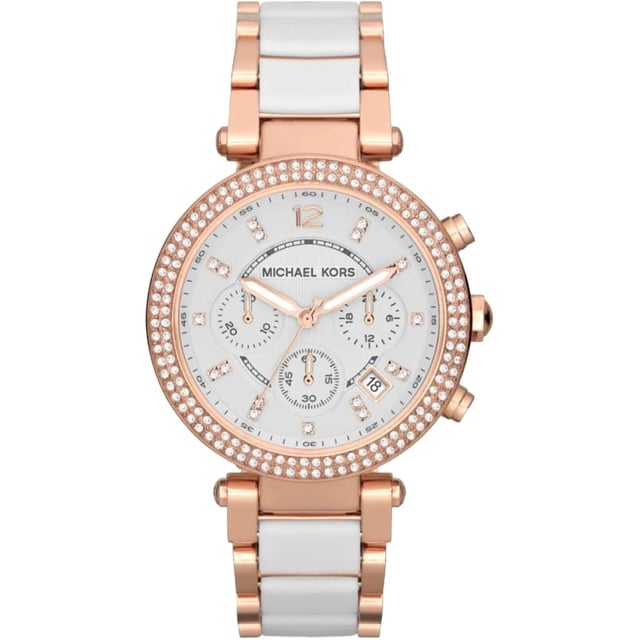 Brand: Michael KorsModel Number: MK5774SKU: MK5774Case Size: 39 mmMovement: Quartz ChronographPlatform: PARKERStrap Material: Acetate, Stainless SteelStrap Color: Rose GoldCase Water Resistance: 10 ATMCase Material: Stainless SteelCase Color: Rose GoldDial Color: WhiteStrap Width: 12 mmClosure: Bracelet DeployantStrap Inner Circumference: 190 +/- 5 mmBattery Type: SR621SW
