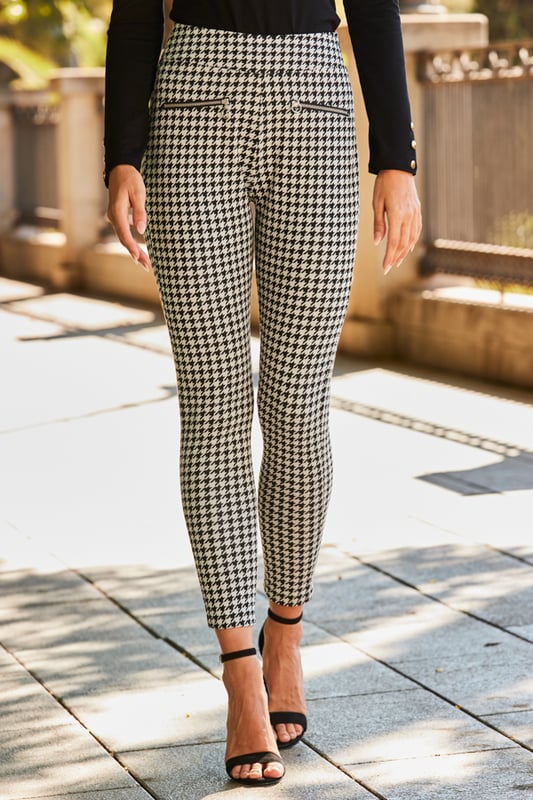 REASONS TO BUY:

Leggings but make them luxe
Always on-trend dogtooth check
Statement zip details
Classic skinny fit
Dress them up with a black top and heels
Style with a jumper and boots for a laidback look

Inside leg to fit: Short 29" | Regular 31" | Long 33""