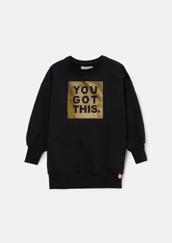 You Got This! Our Longline sweat is crafted from the softest jersey and features a fabulous gold metallic slogan. Wear with metallic denim for extra style credits.