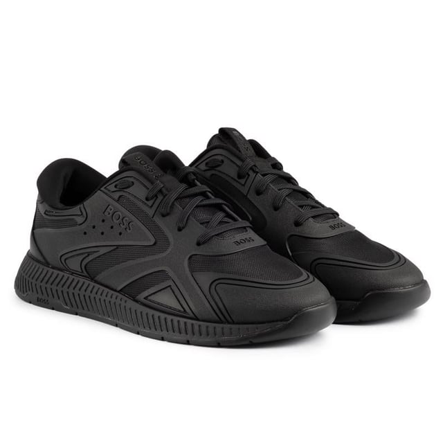 A Classic Running Shoe With An Urban Edge, The Boss Titanium Runn Trainer Is Crafted From Quality Materials And Made To Stand Out, Featuring Sleek, Black Mono Details, An Embossed Logo And Cushioned Footbed. These All-in-black Designer Trainers Will Be Sure To Keep You Ahead Of The Race.