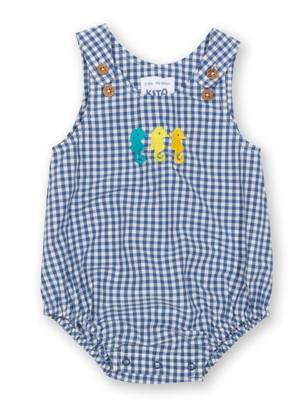Seahorse pairs are friends for life, and you can even spot them around the British coastline! This stylish bubble-shaped romper, with cute seahorse embroidery detail, is designed using lightweight yarn dyed check fabric to keep your little one cool in the summer sun. It's comfy, breathable and looks great too.