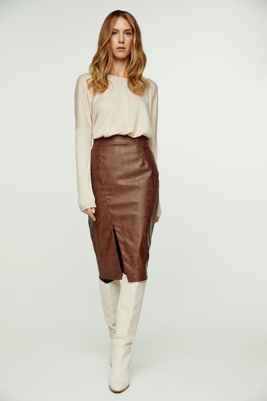 Chocolate Brown Faux Leather Pencil Skirt