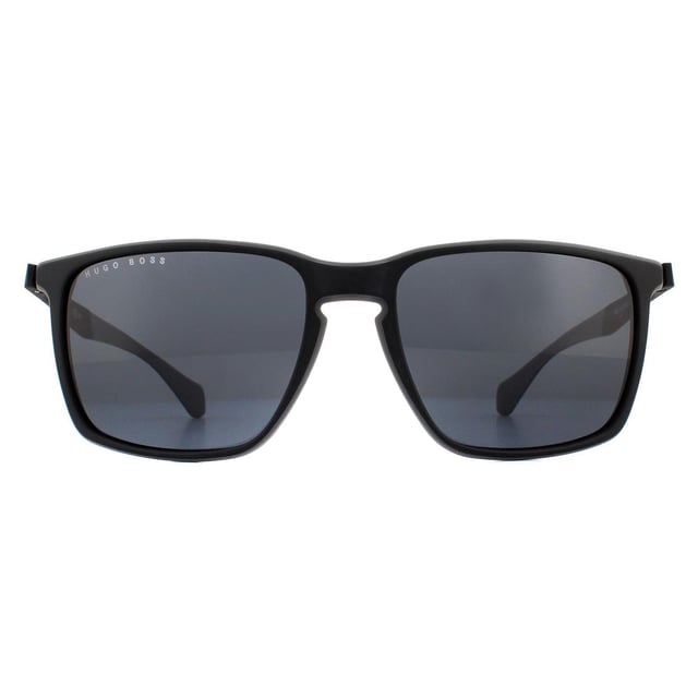 Hugo Boss Sunglasses 1114/S O6W IR Dark Grey Grey are a classic and versatile rectangular style made entirely of lightweight plastic. The outer edge of the frame front is coloured to match the Hugo Boss lettering on the temples and the inside of the temple tips.