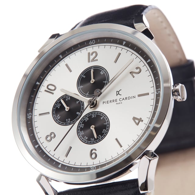 This Pierre Cardin Pigalle Nine Multi Dial Watch for Men is the perfect timepiece to wear or to gift. It's Silver 44 mm Round case combined with the comfortable Black Leather watch band will ensure you enjoy this stunning timepiece without any compromise. Operated by a high quality Quartz movement and water resistant to 3 bars, your watch will keep ticking. sport fashion design with simplicity, perfect for both indoor and outdoor activities -The watch has a calendar function: Day-Date, Luminous Hands, 24-hour Display High quality 21 cm length and  21 mm width Black Leather strap with a Buckle Case diameter: 44 mm,case thickness: 8.8 mm, case colour: Silver and dial colour: White