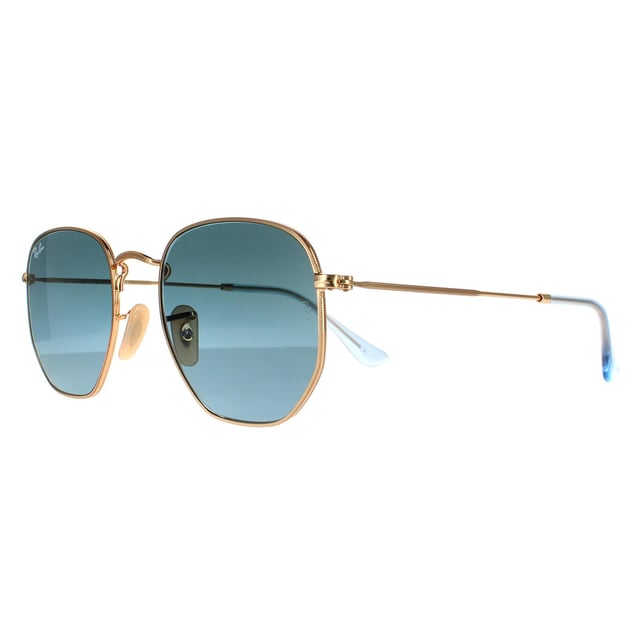 Ray-Ban Sunglasses Hexagonal RB3548N 91233M Gold Blue Grey Gradient are a very unique hexagonal shaped frame and feature the latest flat crystal lenses for a updated version of the classic metal round sunglasses. Super thin temples and coined profile to the frame finish the modern fashionable look.
