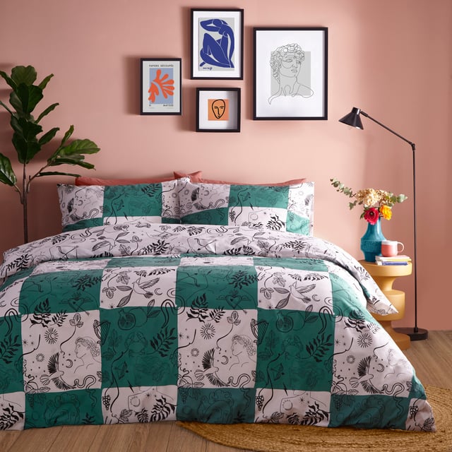 Check out our own twist on the trending checkerboard design and amazing artwork on your bed! The Mythos Checkerboard duvet cover set is adorned with unique hand-drawn, printed mythology symbols, ranging from birds and florals to cupid’s heart and Greek gods. These are printed onto an eye-catching green and white checkerboard design, blending modern prints and ancient icons for a unique artistic look. Finished with a paired back look reverse that focuses purely on the arty mythology icons, printed on a white background. An imaginative way of adding a touch of both ancient and modern art to your bedroom.