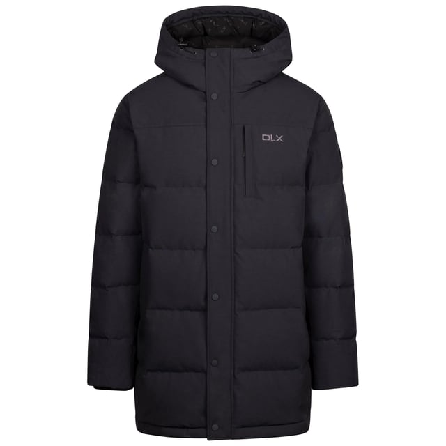 Outer Materials: 55% Cotton, 45% Polyester. Lining Material: 100% Polyester. Filling Material: 80% Down, 20% Feather. Design: Text. Fabric Technology: TPU Membrane. Neckline: Hooded. Cuff: Inner Knitted Cuff, Inner Ribbed. Sleeve-Type: Long-Sleeved. Hood Features: Toggle Adjuster. Length: Long. Pockets: 2 Lower Pockets, Zip, 1 Inner Pocket, 1 Chest Pocket. Fastening: Full Zip, Snap Closure, Two Way Zip. XXS: 33 in. XS: 35 in. S: 37 in. L: 43 in. XL: 46 in. XXL: 48 in.