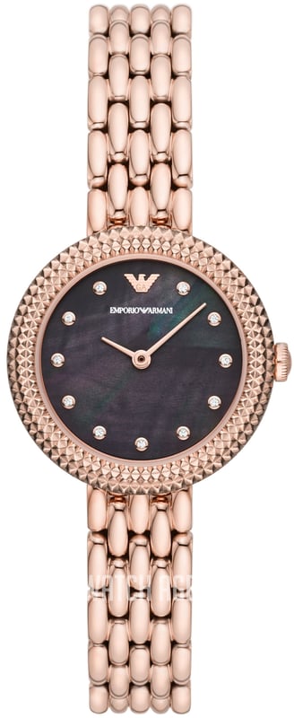 This Emporio Armani Rosa Analogue Watch for Women is the perfect timepiece to wear or to gift. It's Rose Gold 30 mm Round case combined with the comfortable Rose Gold Stainless steel watch band will ensure you enjoy this stunning timepiece without any compromise. Operated by a high quality Quartz movement and water resistant to 3 bars, your watch will keep ticking. This original fashionable watch is set with beautiful stones, perfect for every women. High quality 19 cm length and 12 mm width Rose Gold Stainless steel strap with a Deployment clasp Case diameter: 30 mm,case thickness: 7 mm, case colour: Rose Gold and dial colour: Black