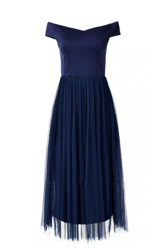 Make an entrance at your next big event with this navy bardot midi dress. Featuring a fitted bodice with bardot neckline (with a non-slip strip stitched along the neckline to keep your look in place all day and night). Finished with a gathered tulle over skirt and zip fastening at the back. Fully lined for extra fullness.