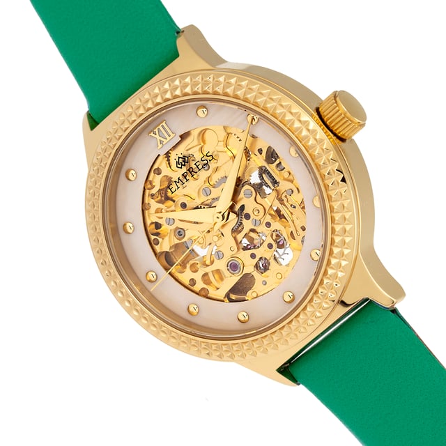 316L Surgical-Quality Stainless Steel Case; Jeweled Miyota 8N24 Automatic Movement; Jewel Bearings: 22 Jewels; 42 Hour Power Reserve; Beats per Hour (BPH): 21600/Hour; Sapphire-Coated Mineral Crystal; Mother of Pearl Dial; Skeleton Dial; Observation Caseback to View Movement; Genuine Leather Strap; Logo-Engraved Stainless Steel Clasp; 38mm Case Diameter; 5ATM Water Resistance;