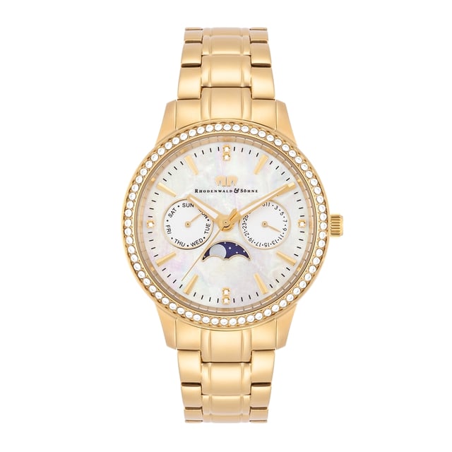 Would you like to enrich your watch collection with a model that combines multifunctionality and stylish glamor? Then this women's watch of the Rhodenwald & Sons label is an excellent choice. The design of the multi-layer dial is opulent and convinces with totalists for the weekday and date in the popular BICOmpax arrangement, striking line indices and night lighting. The moon phase display is striking. The robust stainless steel housing and the harmoniously coordinated limb strap are refined with an ion plate in yellow gold - for warm gold -gloss and best suitability for everyday use. Glamorous eyecatcher is the bezel, all around decorated with crystals from Swarovski®.