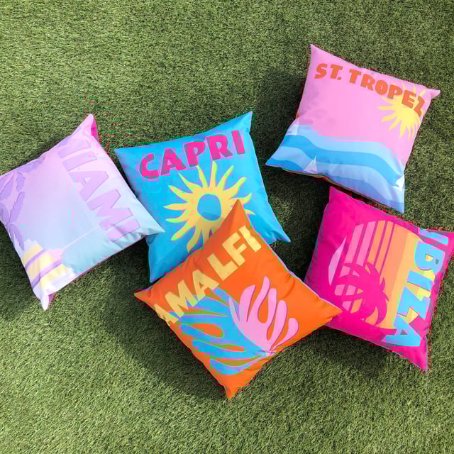 Transport yourself to Ibiza with this abstract outdoor cushion. A bright and bold cushion, with the focal point being the Ibiza slogan. Mix and match with other cushions from the collection, pop them in your outdoor space and make a statement.