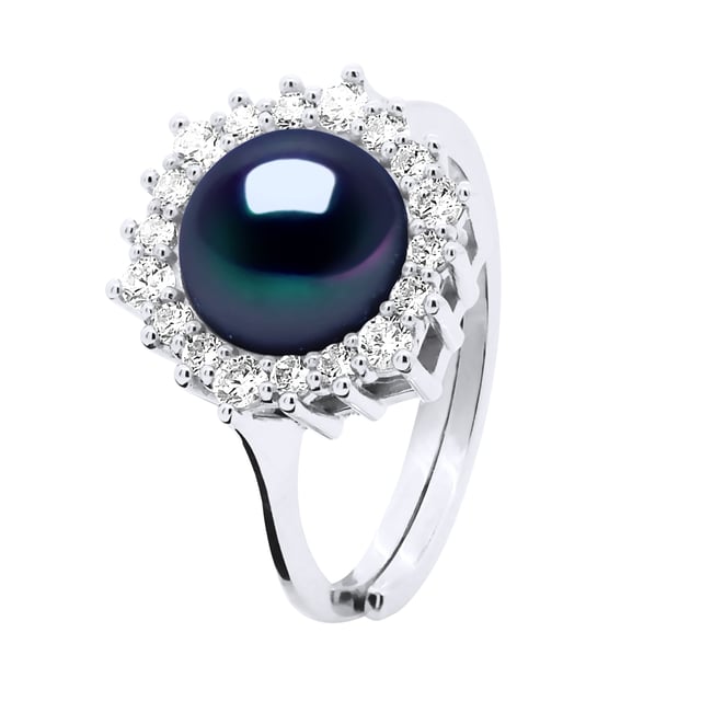 Ring Jewelry - Real Cultured Freshwater Pearl Button 8-9 mm - Jewelry Paving Cubic Zirconia - Silver 925 Rhodium plated - COLOR "BLACK TAHITIAN STYLE" - Size adjustable from Size 48 to Size 62 - Delivered in box and with its Certificate of Authenticity and International Guarantee - MADE IN FRANCE