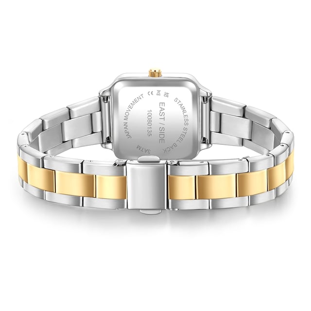 GENERAL INFORMATION:  • Targetgroup: Female  • Wristwatch: No Special Functions  • Display: analogue  • Weight of watch w/o box (gr.) - approx.: 60  MOVEMENT:  • Movement: Quartz  • Term of Movement: 2025  • Origin of movement: Japan  BRACELET:  • Material of bracelet/strap: Stainless steel  • Plating of bracelet/strap: No, IP-Plating  • Finishing of bracelet/strap: Smooth  • Finishing/Decoration of bracelet/strap: None  • Clasp/Closure/Buckle: Security-folding clasp  • Color of bracelet/strap: Silver/yellow gold  • Length of bracelet/strap (mm) approx.: 210,0  • Width of bracelet/strap (mm) approx.: 13,7  • Style/Design of bracelet/strap: Link bracelet  • Bracelet/strap adjustable?: Yes  CASE:  • Shape of case: Square  • Size/Diameter of case in mm . approx.: 25,0 x 32,0  • Height of case in mm: 8,2  • Case material: Metal (Alloy)  • Surface of case: Polished  • Bezel/Topring: Fixed  • Finishing/Decoration of case: None  • Material of case back: Stainless steel  • Lock of case back: No screwed-in crown  • Color of case: Silver/yellow gold  • Coating/Plating (Case): No, IP-Plating  • Type/Form of crystal: Flat  • Material of crystal: Mineral crystal  DIAL:  • Size jewelry care cloth: Hour, Minute  • Indices: Roman indicies  • Material of dial: Brass  • Structure/pattern of dial: Flat  • Color of dial: Blue  PUSHER, CROWN, HAND:  • Pusher: None  • Corrector: No  • Crown: No screwed-in crown  • Type of hands: Pole hand  • Luminescent (hands): No  PACKAGING & SCOPE OF DELIVERY:  • Box: Yes  • Service booklet: Yes  • Manual: Yes