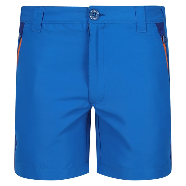 Regatta Childrens/Kids Sorcer Mountain III Shorts (Oxford Blue/New Royal) Fabric: Isotex, Stretch. Design: Colour Block, Logo. Pockets: 2 Side Pockets, 1 Back Pocket, Zip. Fastening: Button, Zip Fly. Fabric Technology: Durable, Isoflex, Lightweight, Quick Dry, Water Repellent. Belt Loops, Branded Tab. Waistline: Part Elasticated. Sustainability: Made from Recycled Materials.