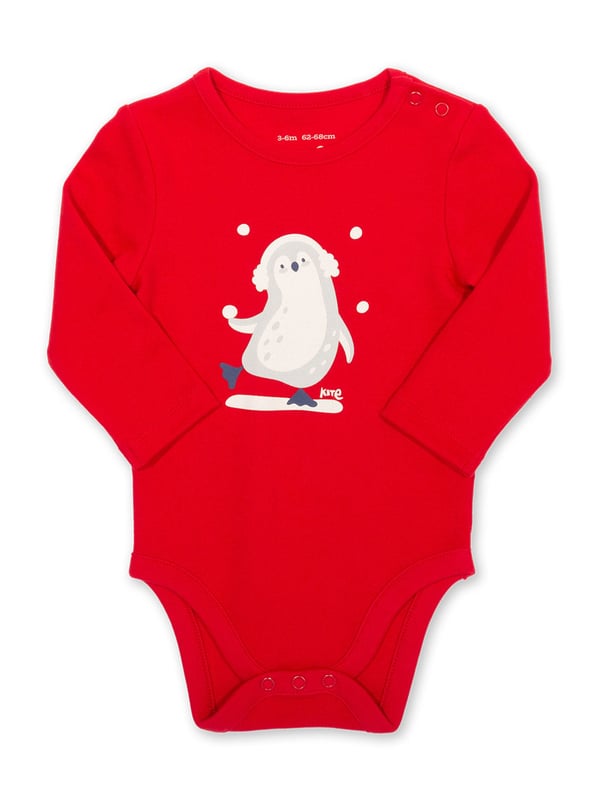 100% organic cotton | Proud to be certified by Control Union to the Global Organic Textile Standard (GOTS) | Penguin placement print | Red | Interlock fabric | Popper crotch and shoulder opening | Long sleeved | Round neck | Made in Turkey | Machine washable at 40 degrees, or at 30 degrees to be kinder to the planet