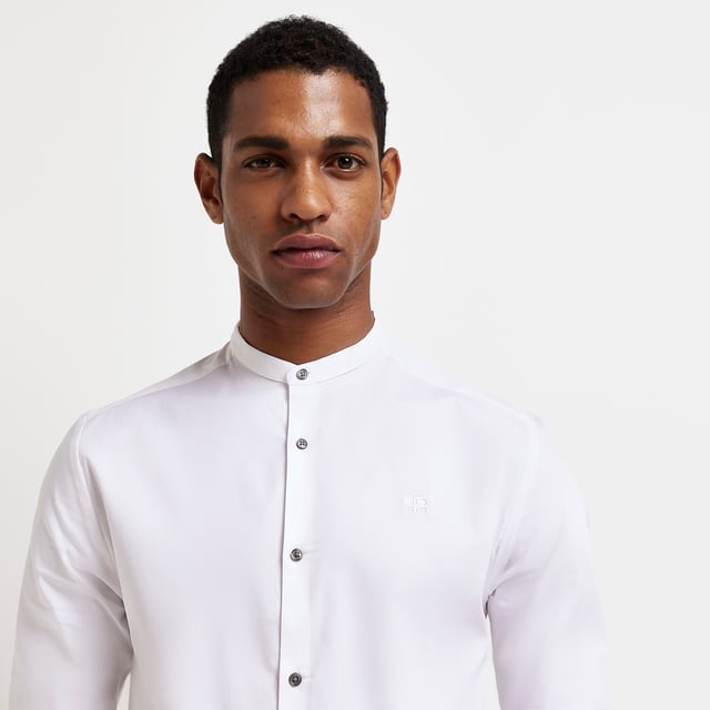 River Island Mens Shirt White Muscle Fit Long Sleeve Grandad