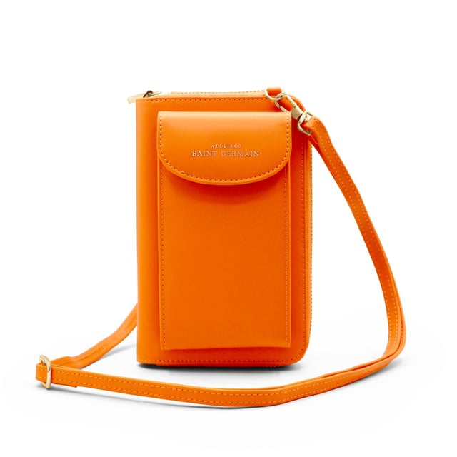 Smartphone pouch with shoulder straps - Zipped compartment with card holder and coin purse inside - Smartphone storage pocket with snap closure - Suitable for all types of smartphones (max. dimensions: H. 15 cm x W. 8 cm x D. 2 cm ) - Supplied with adjustable shoulder strap - ATELIERS SAINT GERMAIN logo - Smooth leather finish.